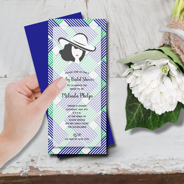 Derby Hat Bridal Shower Blue Green Invitation (Derby-themed bridal shower blue, green & white stripes invitations, INSTANT DOWNLOAD and/or PRINTED)