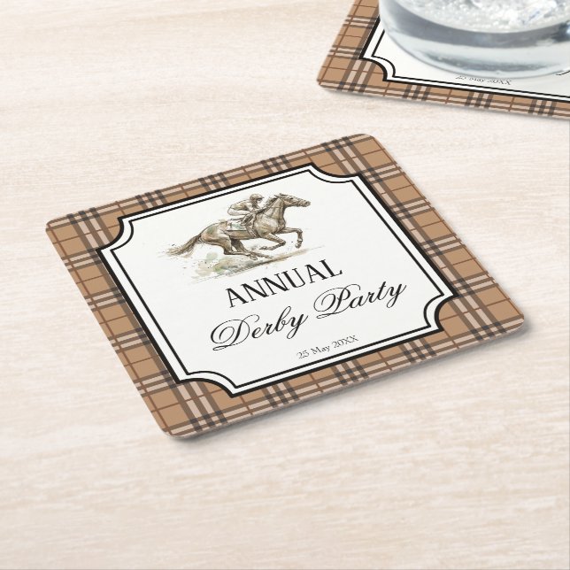 Derby horse racing elegant gingham party gifts square paper coaster (Angled)