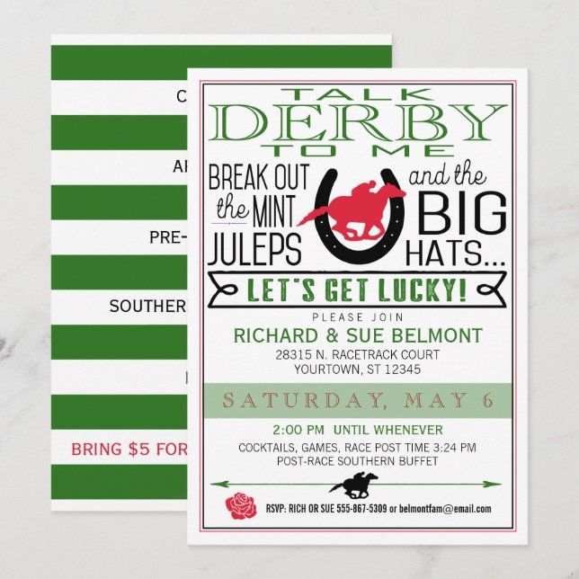 Derby Horse Racing Party Blk/Red/Dk Kelly Invitation (Front/Back)