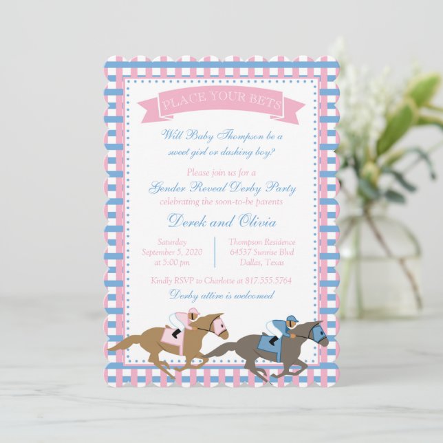 Derby Party Gender Reveal Baby Shower Invitation (Standing Front)