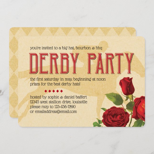 Derby Party Red Roses and Racehorse Invitation (Front/Back)