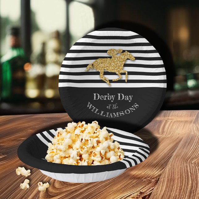 Derby Racehorse Black White Stripes Paper Plate (Derby Gold Racehorse on Black and White Stripes Paper Bowls)