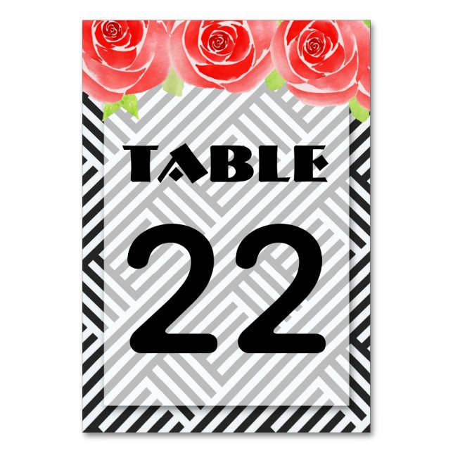 Derby Red Roses Black White Stripes Table Number (Front)