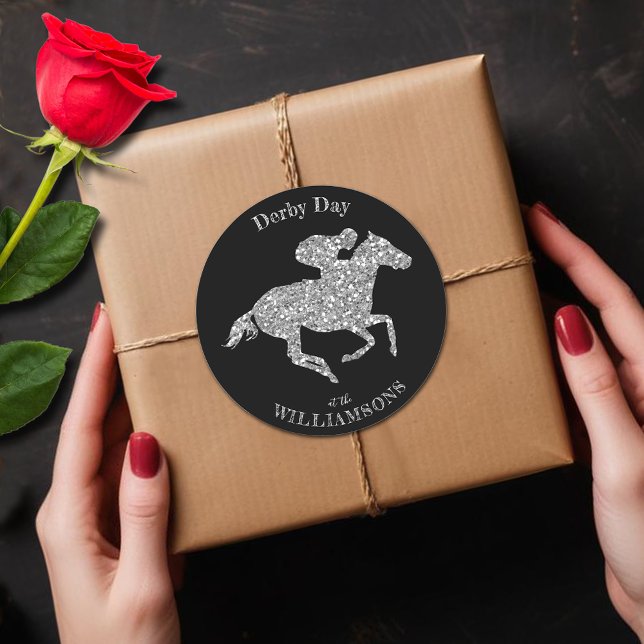 Derby Silver Racehorse on Black Classic Round Sticker (Silver faux glitter racehorse  Derby round black stickers)