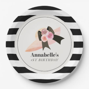 Derby Style Big Pink Hat Rose 1st Birthday Paper Plate