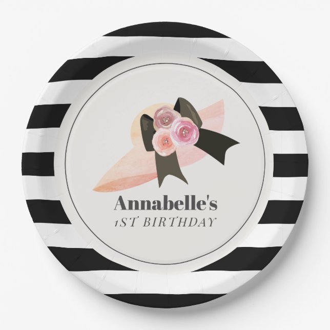 Derby Style Big Pink Hat Rose 1st Birthday Paper Plate (Front)