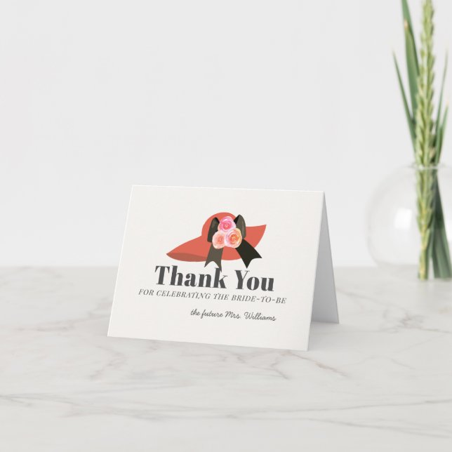 Derby Style Big Red Hat Rose Bridal Shower Thank You Card (Front)