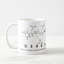 Mug featuring the name Derek spelled out in the single letter amino acid code