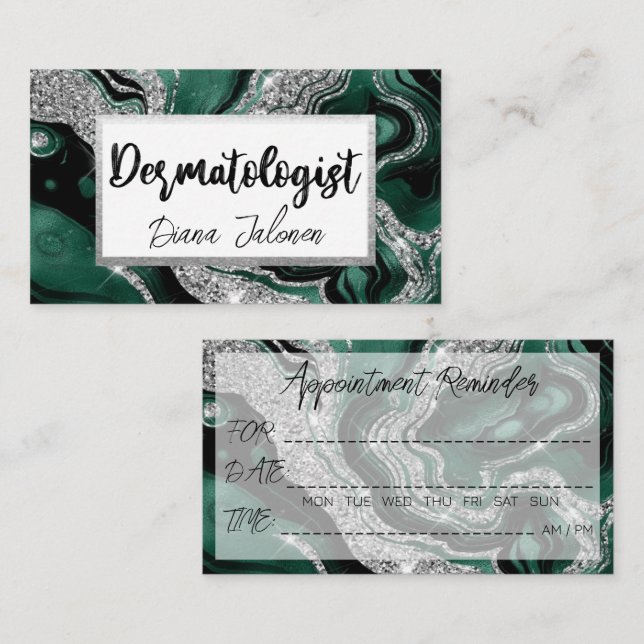Dermatologist Appointment Reminder Silver Green Business Card (Front/Back)