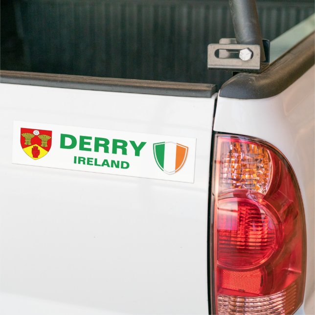 Derry Ireland Crest and Irish Flag Bumper Sticker (On Truck)