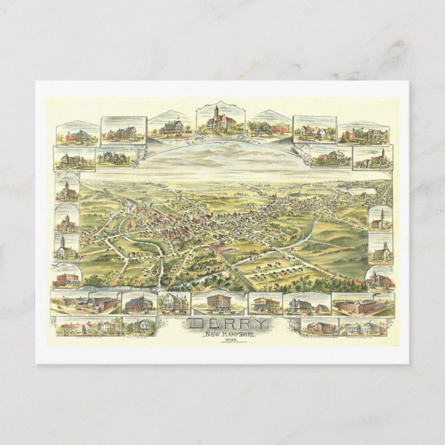 Derry, New Hampshire, Vintage Map Postcard (Front)