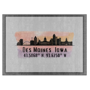 Des Moines IA City Skyline Latitude and Longitude  Cutting Board