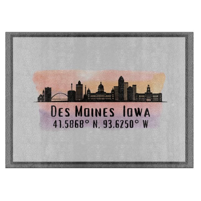 Des Moines IA City Skyline Latitude and Longitude  Cutting Board (Front)