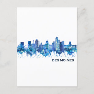 Des Moines Iowa Skyline Blue Holiday Postcard