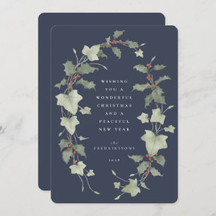 Desaturated Blue Watercolor Holly & Ivy Holiday Card