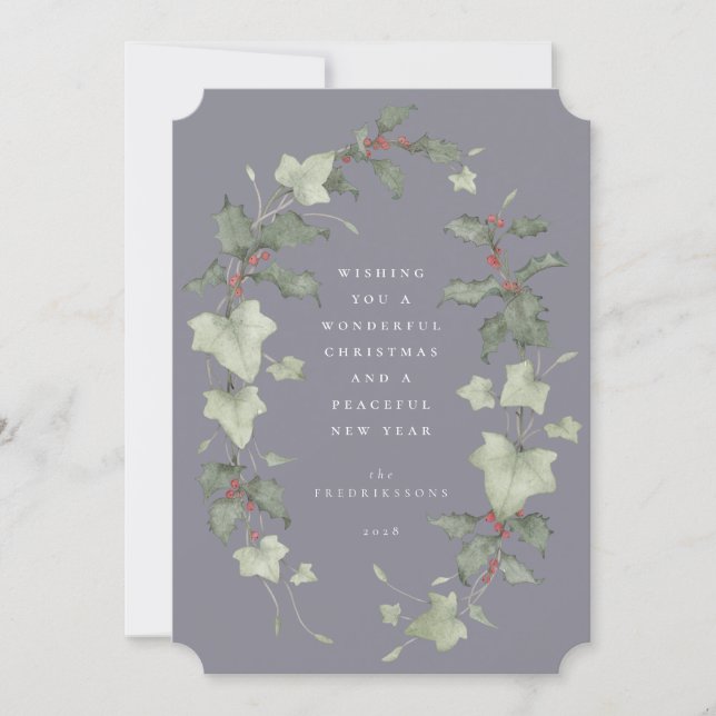 Desaturated Purple Watercolor Holly & Ivy Holiday Card (Front)