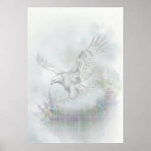 Descending Eagle Misty Lake Watercolour Poster