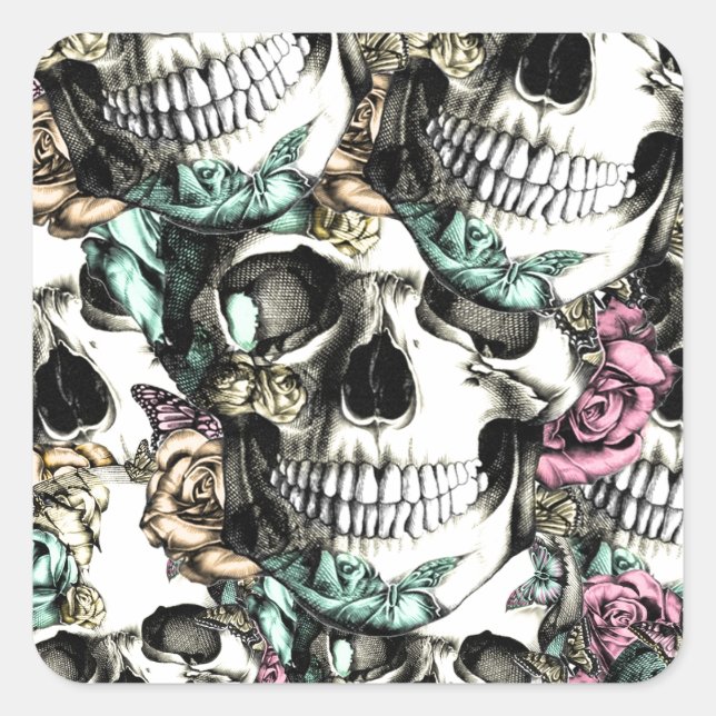 Descending rose skulls with butterflies. square sticker (Front)