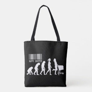 Descent of Woman Happy Shopper Evolution parody Tote Bag