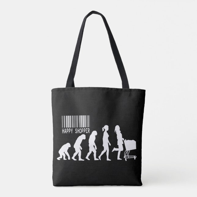 Descent of Woman Happy Shopper Evolution parody Tote Bag (Back)
