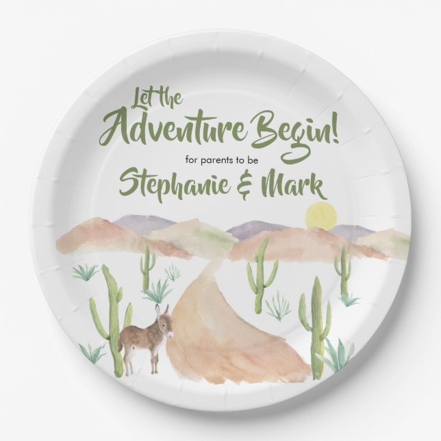 Desert Adventure Begins Succulent Boho Baby Shower Paper Plate (Front)