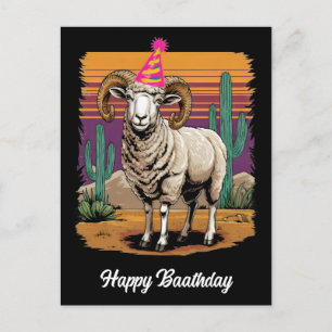Desert big horn sheep & cactus cartoon neon hat postcard