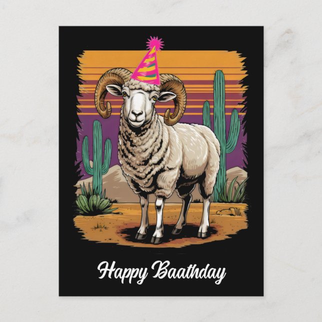 Desert big horn sheep & cactus cartoon neon hat postcard (Front)