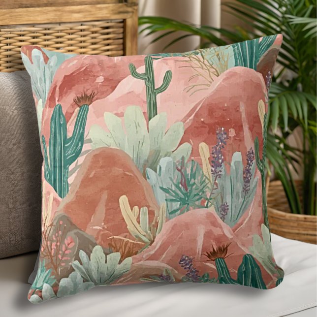 Desert Bloom Canyon Watercolor Landscape Cushion (Blush canyon pillow with watercolor cacti, soft sage greens, and dreamy desert sunset tones.)