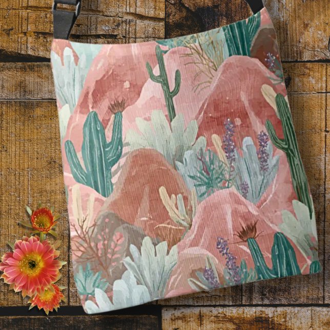 Desert Bloom Sunset with Cactus Garden Crossbody Bag (Desert bloom tote with pink canyons, watercolor cacti, and soft boho southwest charm.)
