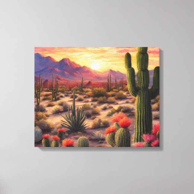 Desert Blooming Cactus Colourful Sunrise Art Canvas Print (Front)