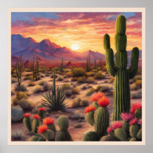 Desert Blooming Cactus Colourful Sunrise Art Poster