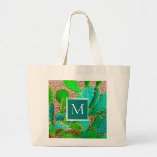 Desert Botanical Monogram Green Cactus Large Tote Bag