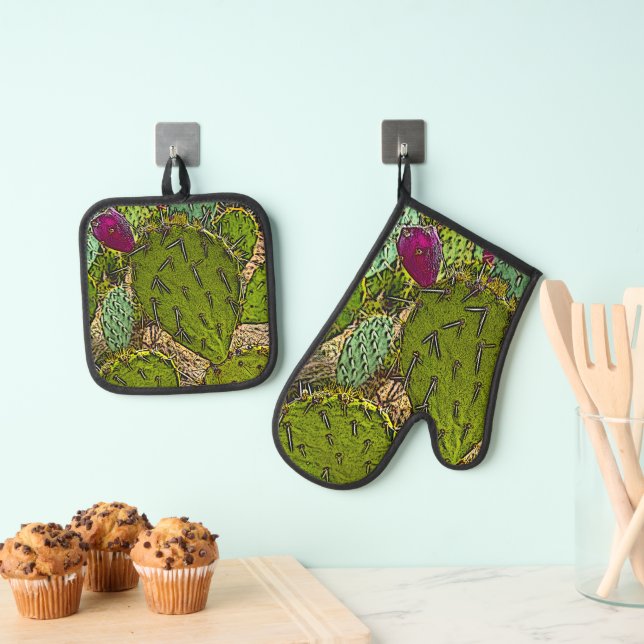 Desert Botanical Prickly Peart Cactus  Oven Mitt & Pot Holder Set (Insitu(Hanging))