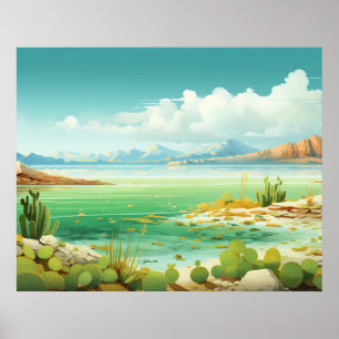 Desert by the Sea Beach Cactus Painting Poster