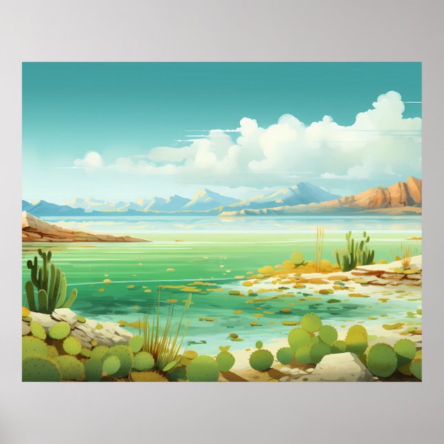 Desert by the Sea Beach Cactus Painting Poster (Front)