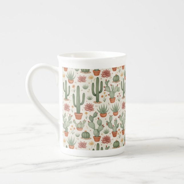Desert Cacti Succulent Seamless Pattern Bone China Mug (Left)