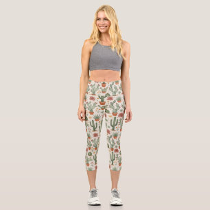 Desert Cacti Succulent Seamless Pattern Capri Leggings