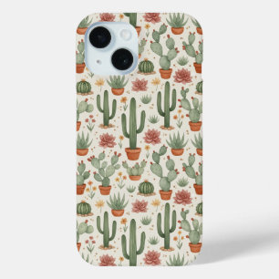 Desert Cacti Succulent Seamless Pattern iPhone 15 Case