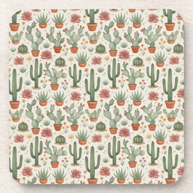 Desert Cacti Succulent Seamless Pattern Coaster (Front)