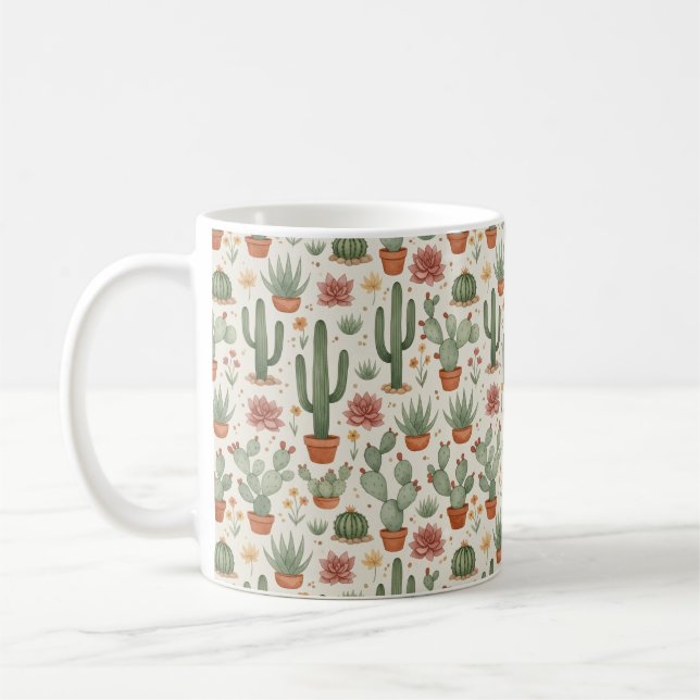 Desert Cacti Succulent Seamless Pattern Coffee Mug (Left)