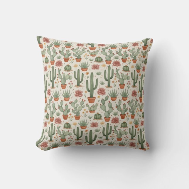 Desert Cacti Succulent Seamless Pattern Cushion (Front)