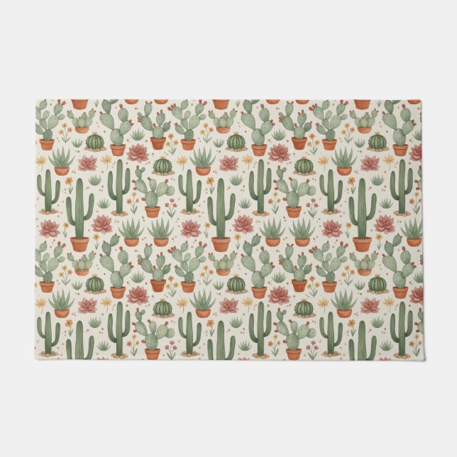 Desert Cacti Succulent Seamless Pattern Doormat (Front)