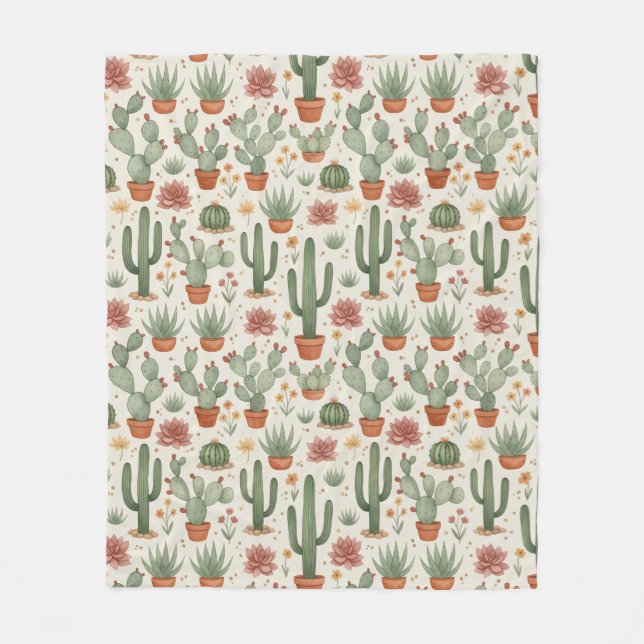 Desert Cacti Succulent Seamless Pattern Fleece Blanket (Front)