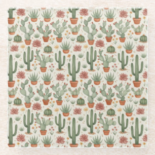 Desert Cacti Succulent Seamless Pattern Glass Coaster