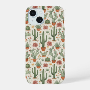 Desert Cacti Succulent Seamless Pattern iPhone 15 Case