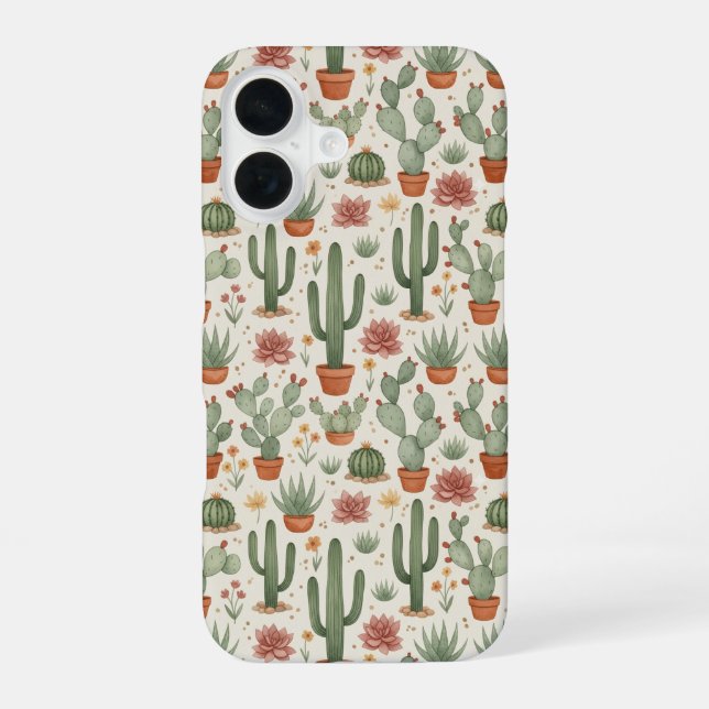 Desert Cacti Succulent Seamless Pattern iPhone 16 Case (Back)