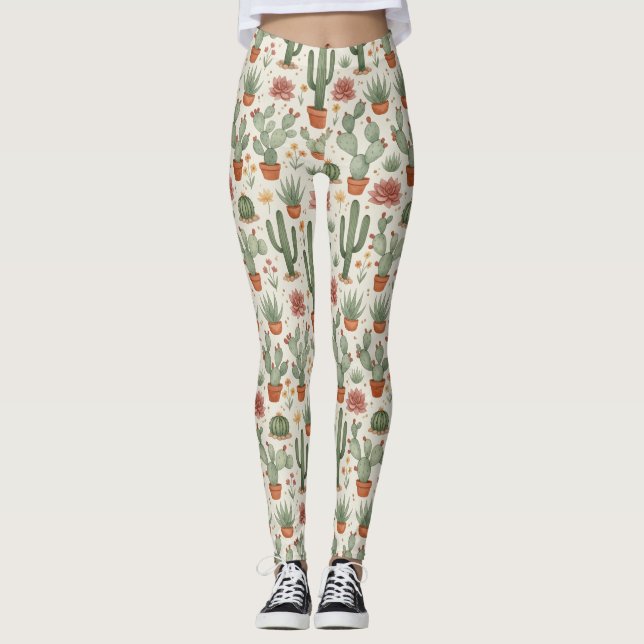 Desert Cacti Succulent Seamless Pattern Leggings (Front)