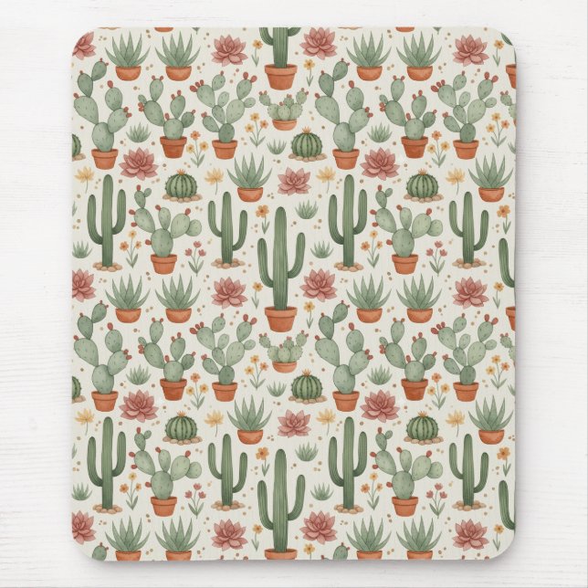 Desert Cacti Succulent Seamless Pattern Mouse Mat (Front)