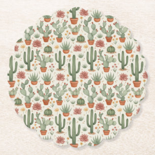 Desert Cacti Succulent Seamless Pattern Paper Coaster