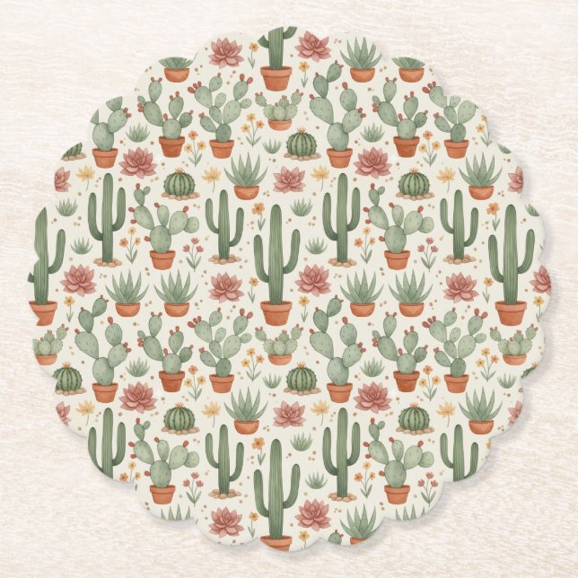 Desert Cacti Succulent Seamless Pattern Paper Coaster (Front)